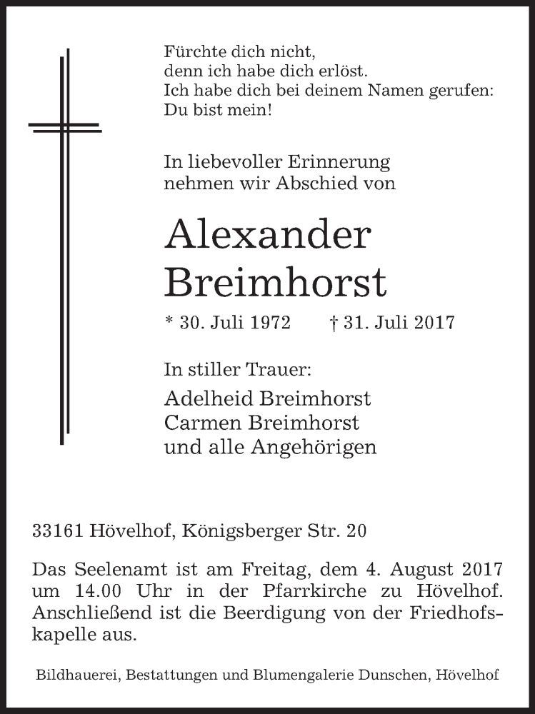  Traueranzeige für Alexander Breimhorst vom 02.08.2017 aus Westfalen-Blatt