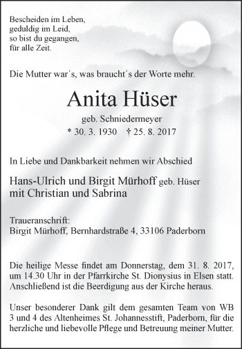 Traueranzeige von Anita Hüser von Westfalen-Blatt