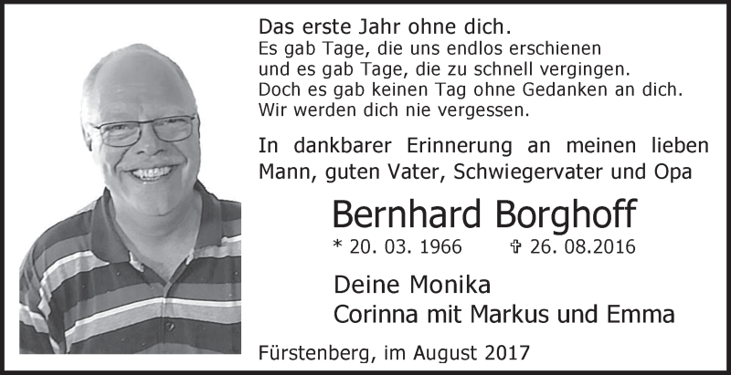  Traueranzeige für Bernhard Borghoff vom 26.08.2017 aus Westfalen-Blatt