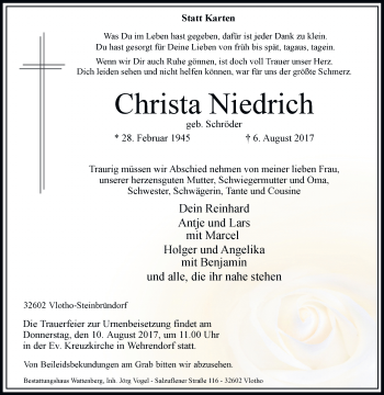 Traueranzeige von Christa Niedrich von Westfalen-Blatt