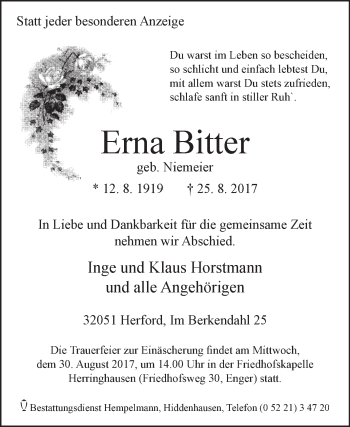 Traueranzeige von Erna Bitter von Westfalen-Blatt