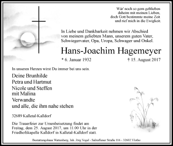 Traueranzeige von Hans-Joachim Hagemeyer von Westfalen-Blatt