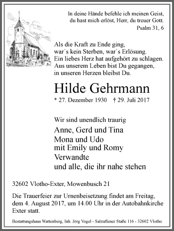 Traueranzeige von Hilde Gehrmann von Westfalen-Blatt