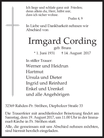 Traueranzeige von Irmgard Cording von Westfalen-Blatt