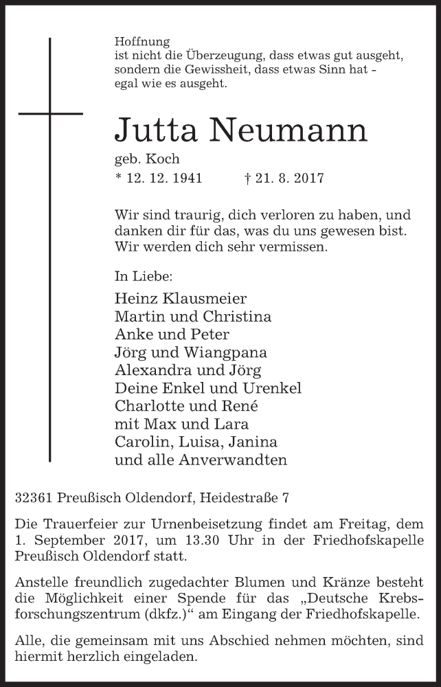 Traueranzeige für Jutta Neumann vom 24.08.2017 aus Westfalen-Blatt