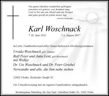 Traueranzeige von Karl Woschnack von Westfalen-Blatt