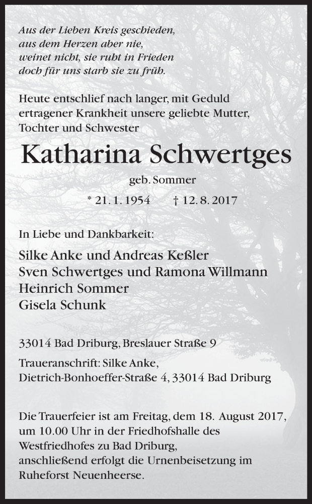  Traueranzeige für Katharina Schwertges vom 15.08.2017 aus Westfalen-Blatt