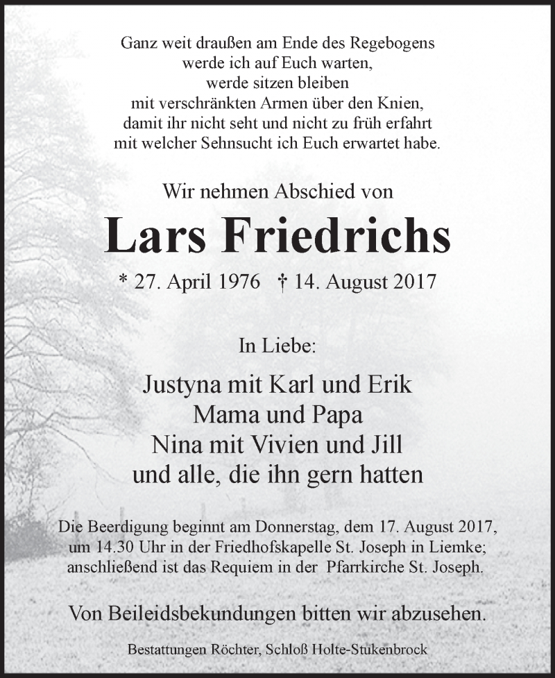 Traueranzeige für Lars Friedrichs vom 16.08.2017 aus Westfalen-Blatt