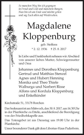Traueranzeige von Magdalene Kloppenburg von Westfalen-Blatt