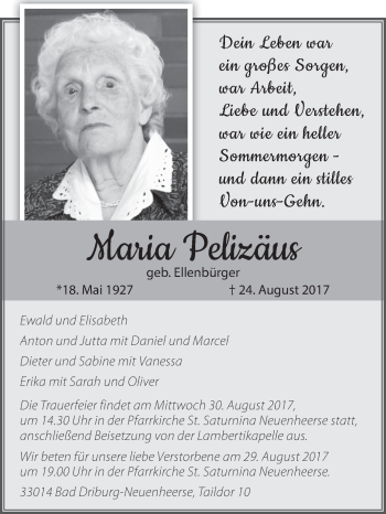Traueranzeige von Maria Pelizäus von Westfalen-Blatt
