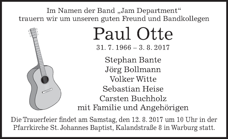  Traueranzeige für Paul Otte vom 11.08.2017 aus Westfalen-Blatt