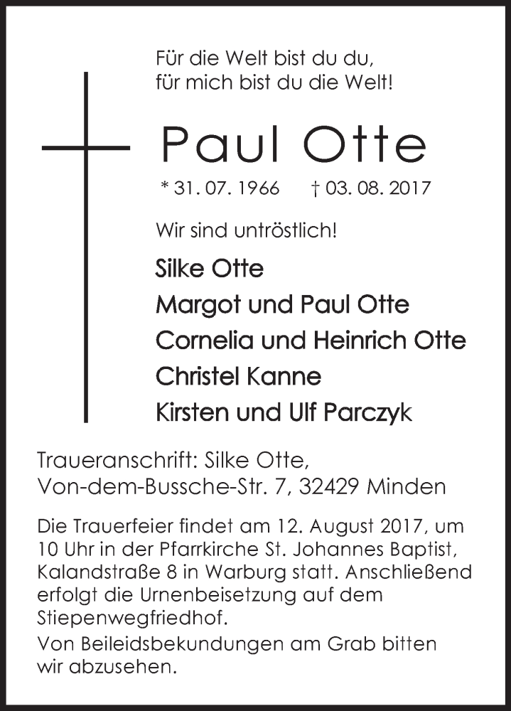  Traueranzeige für Paul Otte vom 08.08.2017 aus Westfalen-Blatt