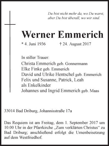 Traueranzeige von Werner Emmerich von Westfalen-Blatt
