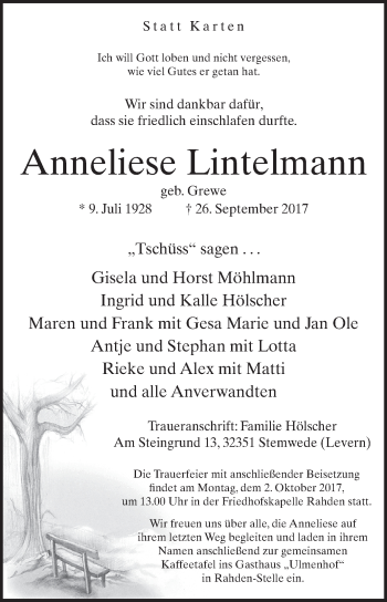 Traueranzeige von Anneliese Lintelmann von Westfalen-Blatt