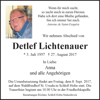 Traueranzeige von Detlef Lichtenauer von Westfalen-Blatt