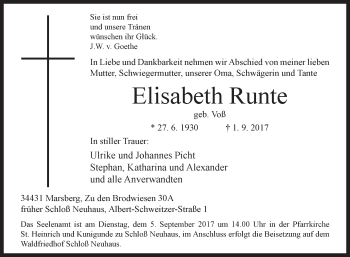 Traueranzeige von Elisabeth Runte von Westfalen-Blatt