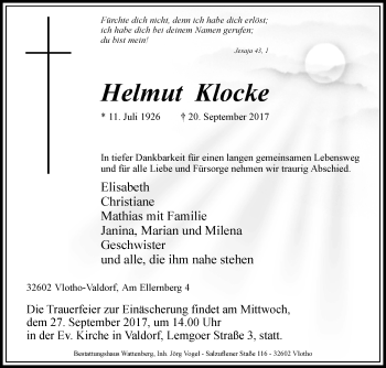 Traueranzeige von Helmut Klocke von Westfalen-Blatt