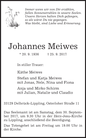 Traueranzeige von Johannes Meiwes von Westfalen-Blatt