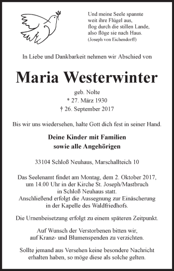 Traueranzeige von Maria Westerwinter von Westfalen-Blatt