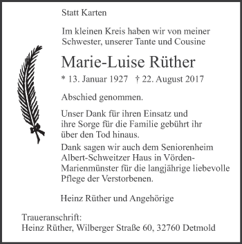 Traueranzeige von Marie-Luise Rüther von Westfalen-Blatt