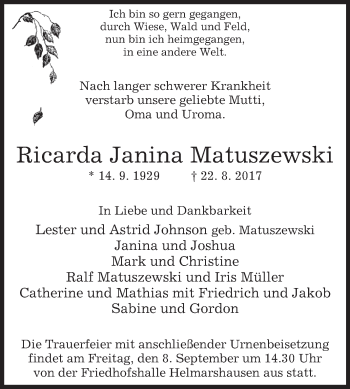 Traueranzeige von Ricarda Janina Matuszewski von Westfalen-Blatt
