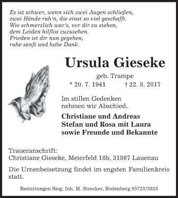 Traueranzeige von Ursula Gieseke von Westfalen-Blatt