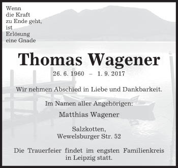 Traueranzeige von Thomas Wagener von WESTFALEN-BLATT