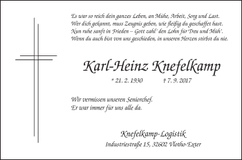 Traueranzeige von Karl-Heinz Knefelkamp von WESTFALEN-BLATT