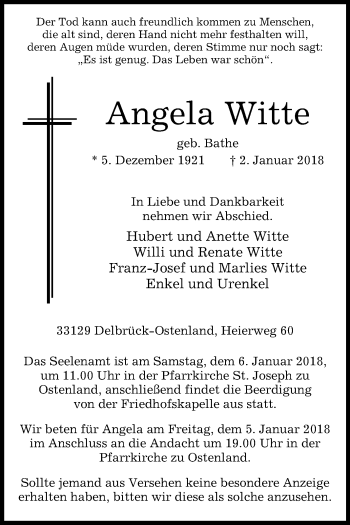 Traueranzeige von Angela Witte von Westfalen-Blatt