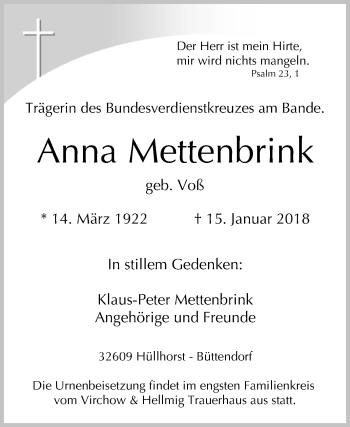 Traueranzeige von Anna Mettenbrink von Westfalen-Blatt