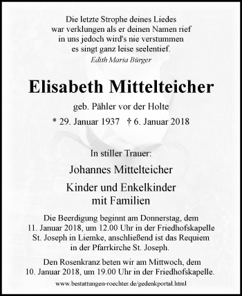 Traueranzeige von Elisabeth Mittelteicher von Westfalen-Blatt