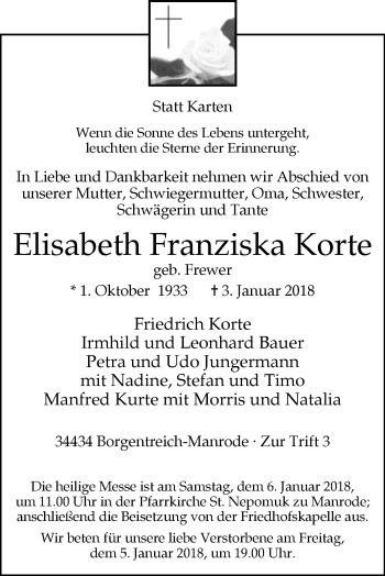 Traueranzeige von Elisabeth Franziska Korte von Westfalen-Blatt