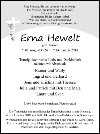 Traueranzeige von Erna Hewelt von Westfalen-Blatt