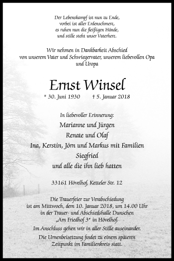 Traueranzeige von Ernst Winsel von Westfalen-Blatt