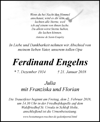 Traueranzeige von Ferdinand Engelns von Westfalen-Blatt