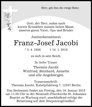 Traueranzeige von Franz-Josef Jacobi von Westfalen-Blatt