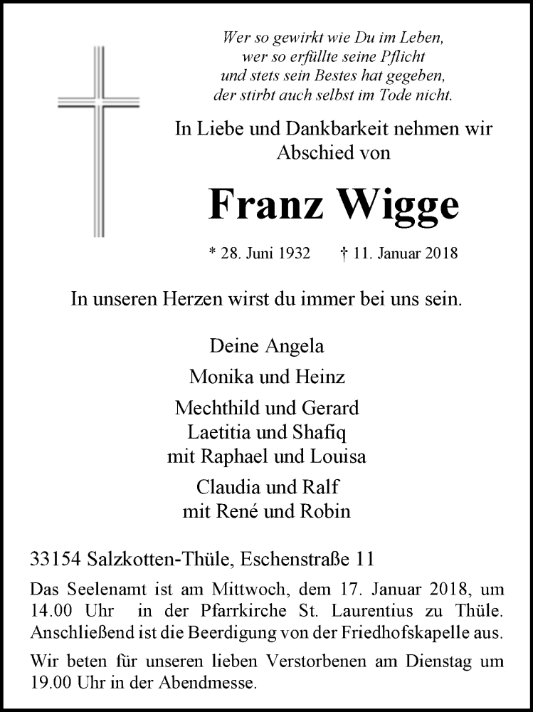  Traueranzeige für Franz Wigge vom 13.01.2018 aus Westfalen-Blatt
