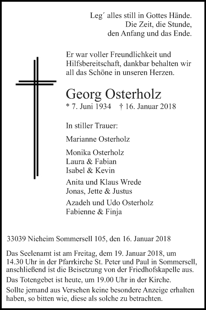  Traueranzeige für Georg Osterholz vom 18.01.2018 aus Westfalen-Blatt