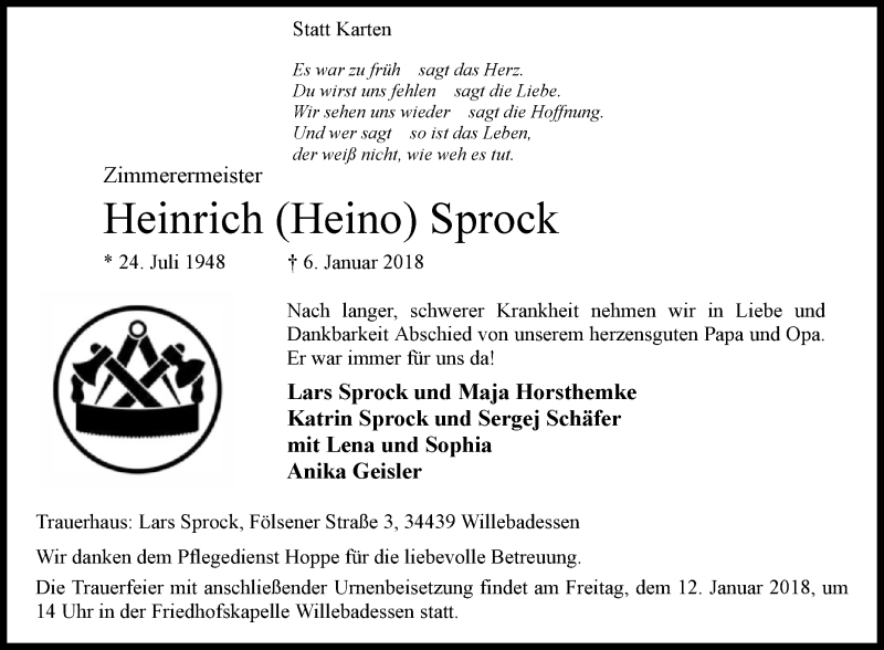  Traueranzeige für Heinrich Sprock vom 09.01.2018 aus Westfalen-Blatt
