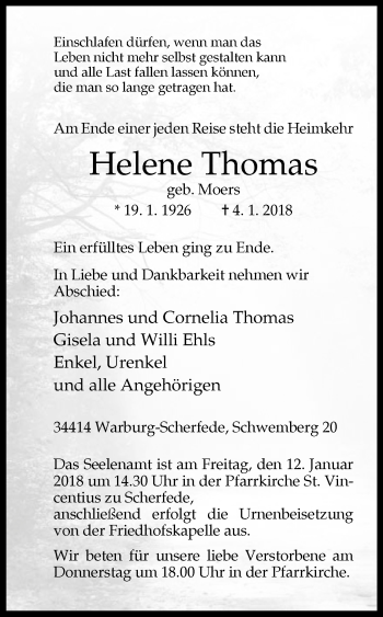 Traueranzeige von Helene Thomas von Westfalen-Blatt