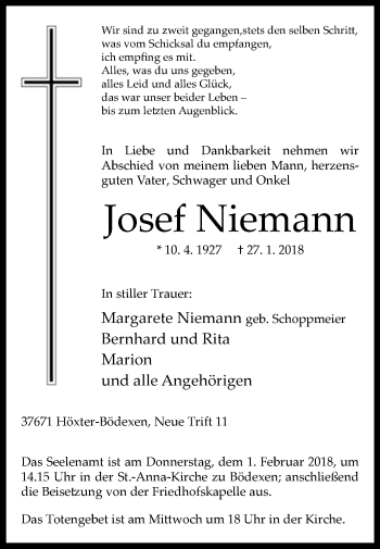 Traueranzeige von Josef Niemann von Westfalen-Blatt