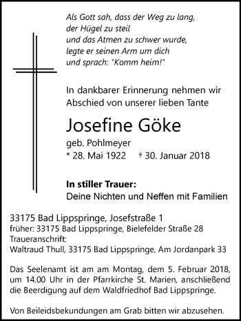 Traueranzeige von Josefine Göke von Westfalen-Blatt