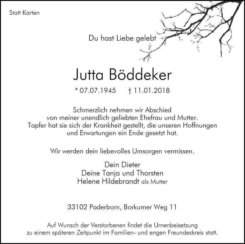  Traueranzeige für Jutta Böddeker vom 13.01.2018 aus Westfalen-Blatt