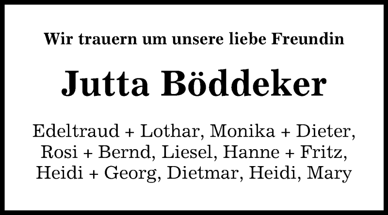  Traueranzeige für Jutta Böddeker vom 20.01.2018 aus Westfalen-Blatt