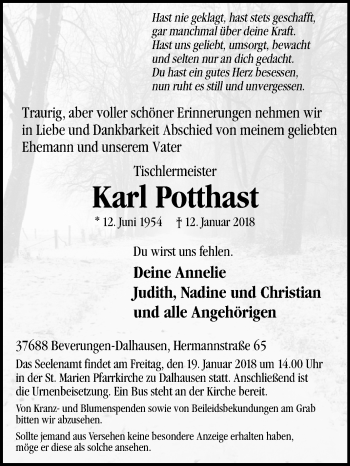 Traueranzeige von Karl Potthast von Westfalen-Blatt