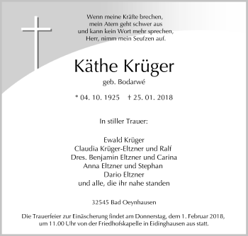 Traueranzeige von Käthe Krüger von Westfalen-Blatt