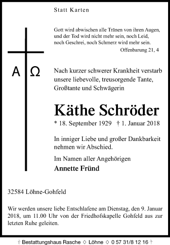 Traueranzeige von Käthe Schröder von Westfalen-Blatt