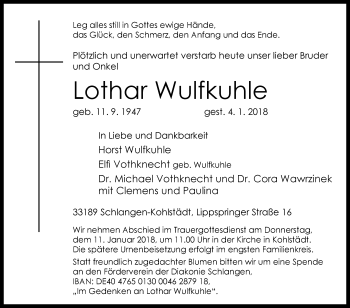 Traueranzeige von Lothar Wulfkuhle von Westfalen-Blatt