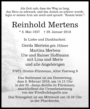 Traueranzeige von Reinhold Mertens von Westfalen-Blatt