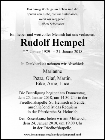 Traueranzeige von Rudolf Hempel von Westfalen-Blatt